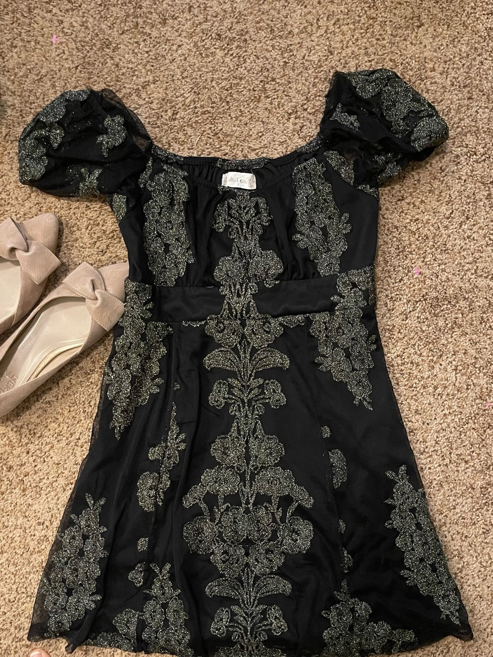 Altar'd State Black Mini Dress with Metallic Gold Embroidery